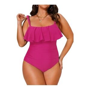 CUPSHE Flowy Ruffle Trim Ruched Front one Piece Bathing Suit Size 2X Magenta